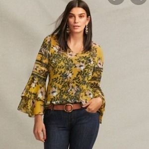 CAbi Yellow Floral Blouse with Flared Sleeves